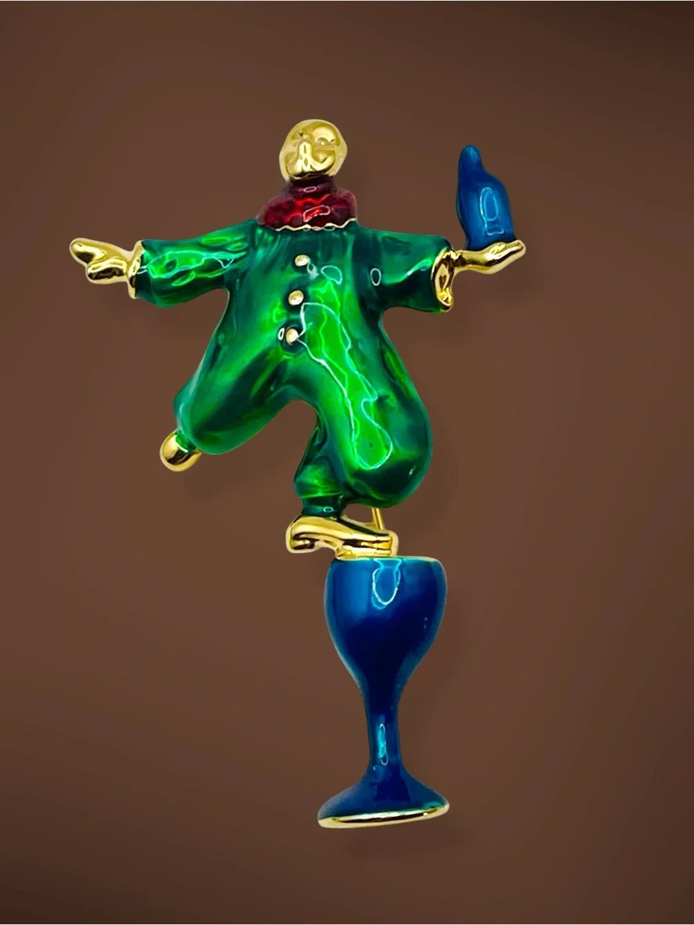 Vintage Enamel Pierrot Clown Champagne Glass Figural Brooch Pin Whimsical Retro